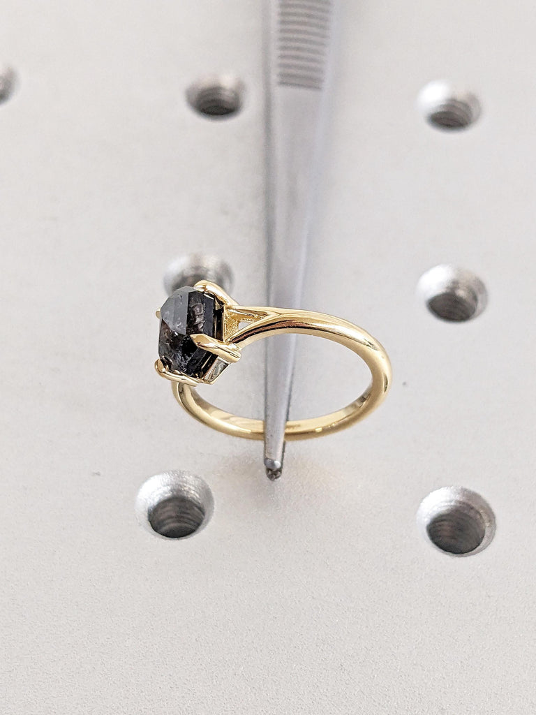 18k Yellow Gold Statement Ring, Salt and Pepper Diamond Engagement Ring, Solitaire Proposal Ring, Art Deco Diamond Ring, Gift for Girlfriend