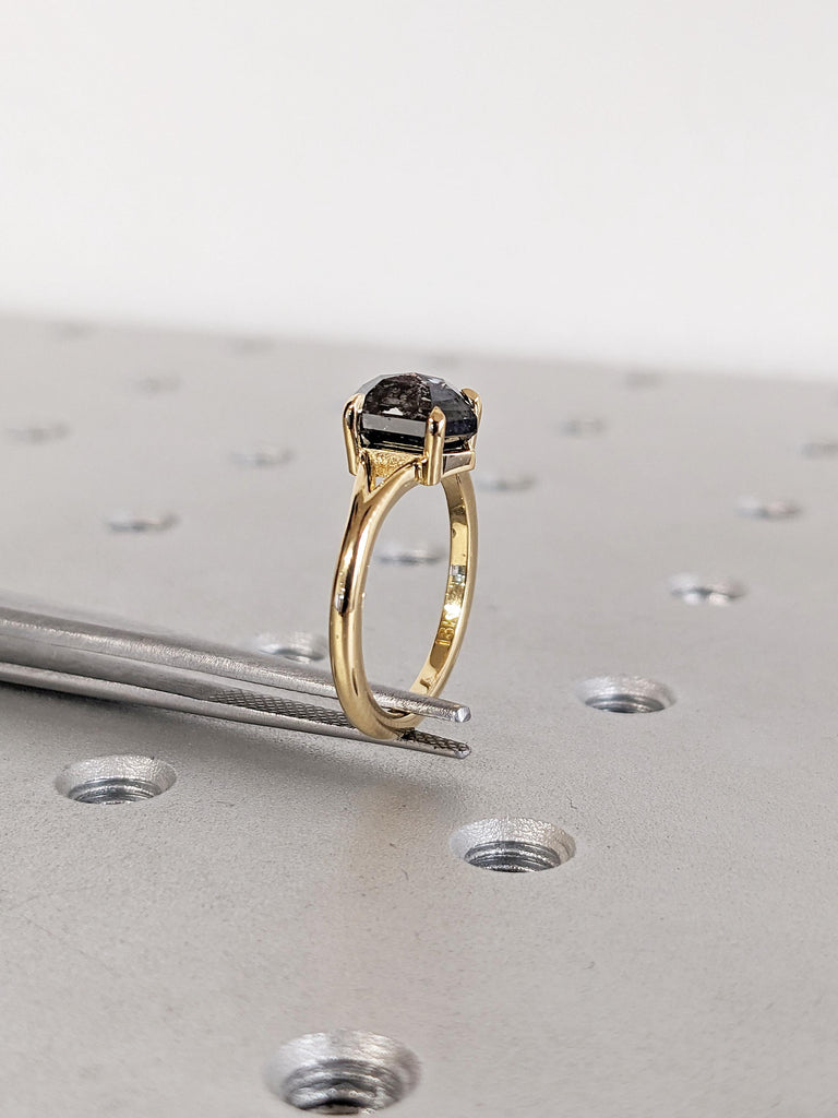 18k Yellow Gold Statement Ring, Salt and Pepper Diamond Engagement Ring, Solitaire Proposal Ring, Art Deco Diamond Ring, Gift for Girlfriend