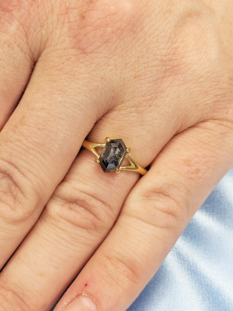 18k Yellow Gold Statement Ring, Salt and Pepper Diamond Engagement Ring, Solitaire Proposal Ring, Art Deco Diamond Ring, Gift for Girlfriend