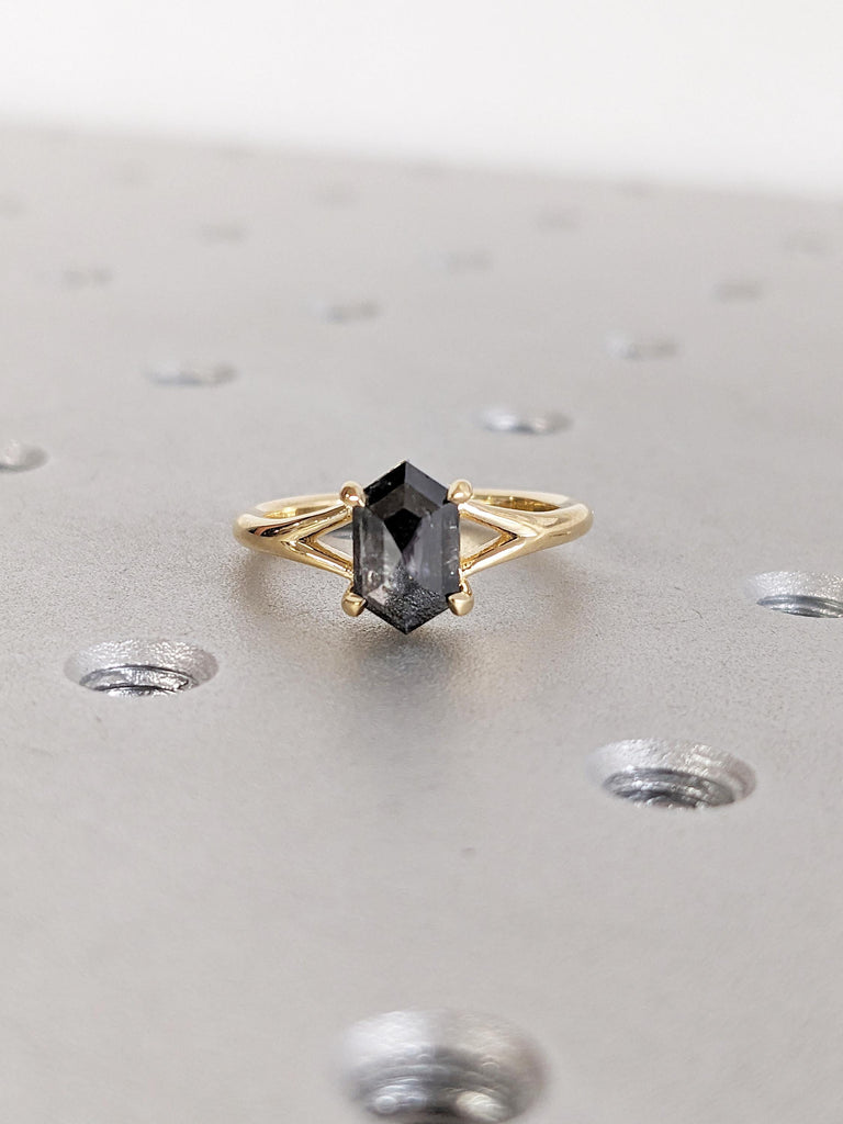 18k Yellow Gold Statement Ring, Salt and Pepper Diamond Engagement Ring, Solitaire Proposal Ring, Art Deco Diamond Ring, Gift for Girlfriend