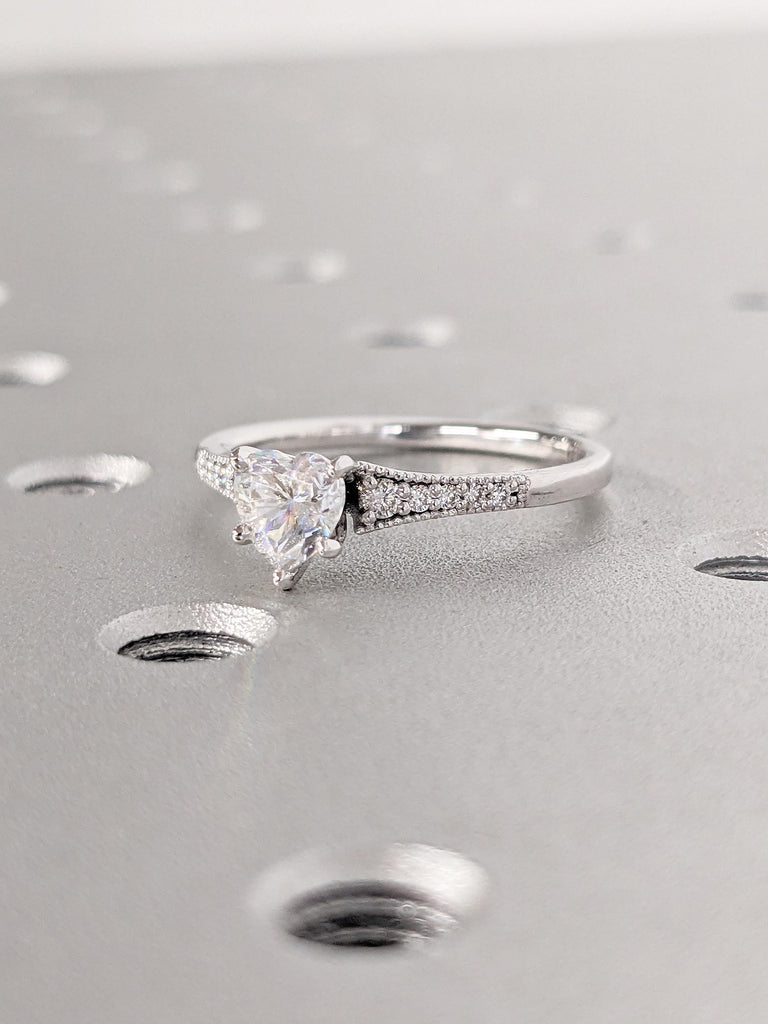Heart Lab Grown Diamond Engagement Rings for Women, 14K White Gold Milgrain Diamond Wedding Band, Heart Ring, Birthday Gift for Girlfriend