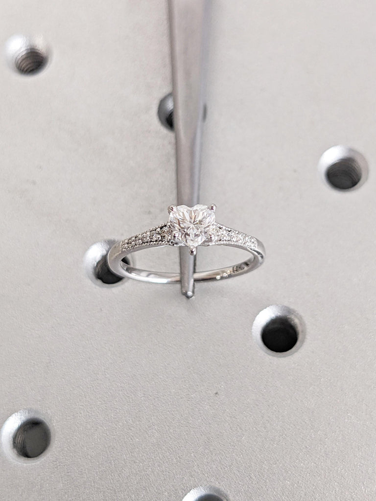 Heart Lab Grown Diamond Engagement Rings for Women, 14K White Gold Milgrain Diamond Wedding Band, Heart Ring, Birthday Gift for Girlfriend