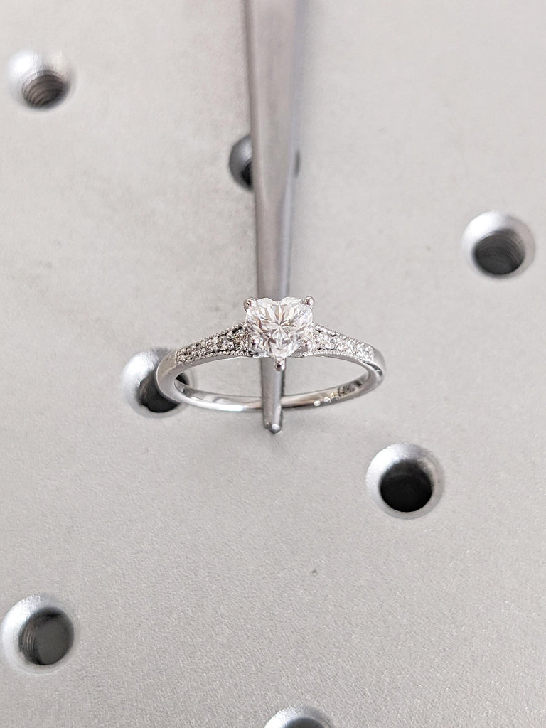 14K White Gold Diamond Wedding Ring, Heart Lab Grown Diamond Ring, Milgrain Engagement Heart Ring, Bridal Gift for Her, Promise Ring for Her