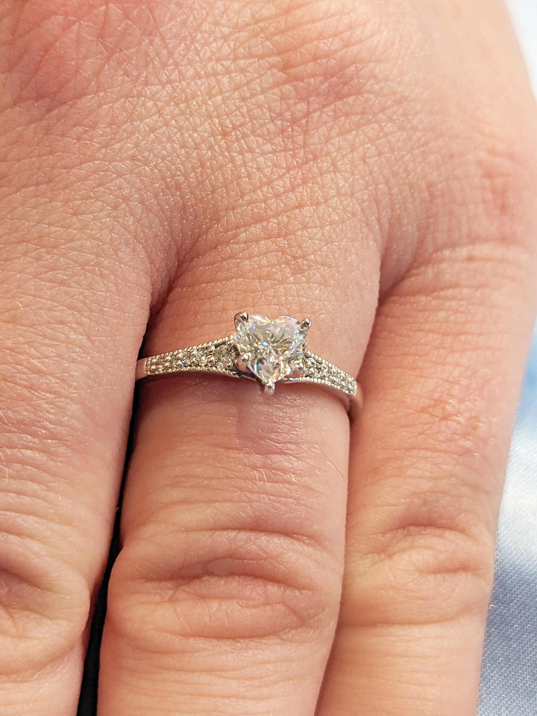 Heart Lab Grown Diamond Engagement Rings for Women, 14K White Gold Milgrain Diamond Wedding Band, Heart Ring, Birthday Gift for Girlfriend