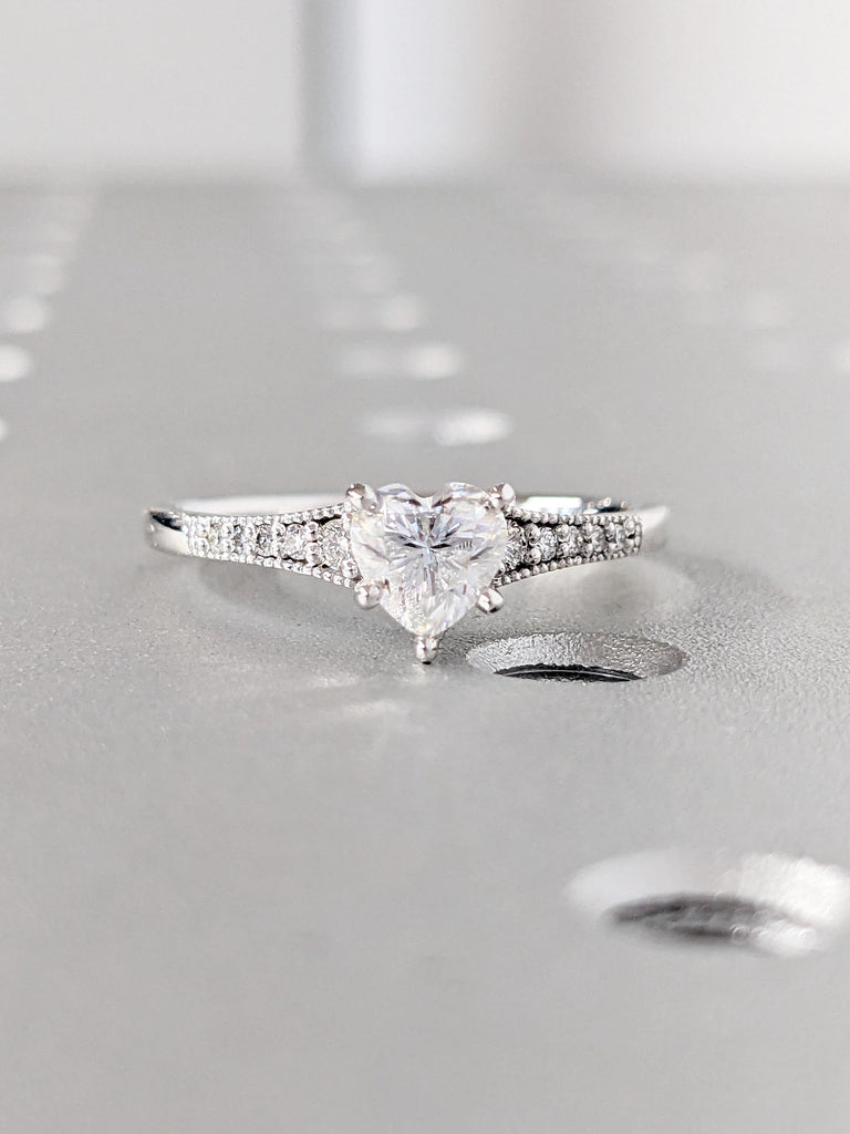 Heart Moissanite Ring | 14K White Gold Milgrain Engagement Ring | Anniversary Ring | Art Deco Heart Ring | Anniversary Gift | Heart Jewelry