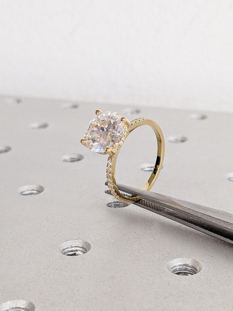 18k Solid Gold Engagement Ring for Her | Round VVS Moissanite Ring | Hidden Halo Diamond Ring | Diamond Eternity Band | Simple Promise Ring