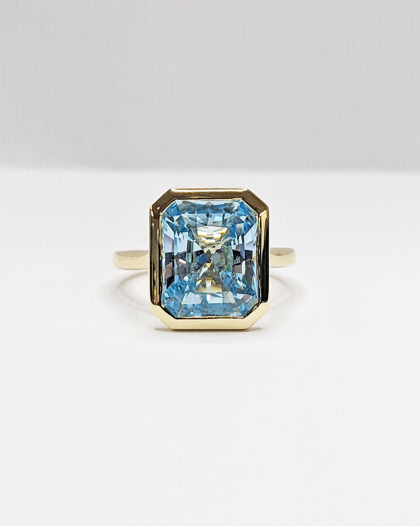 Radiant Cut Blue Aquamarine Solitaire Ring, 14K Yellow Gold Engagement Ring, Bezel Setting, Statement Ring, Gift For Her, Minimalist, Unique