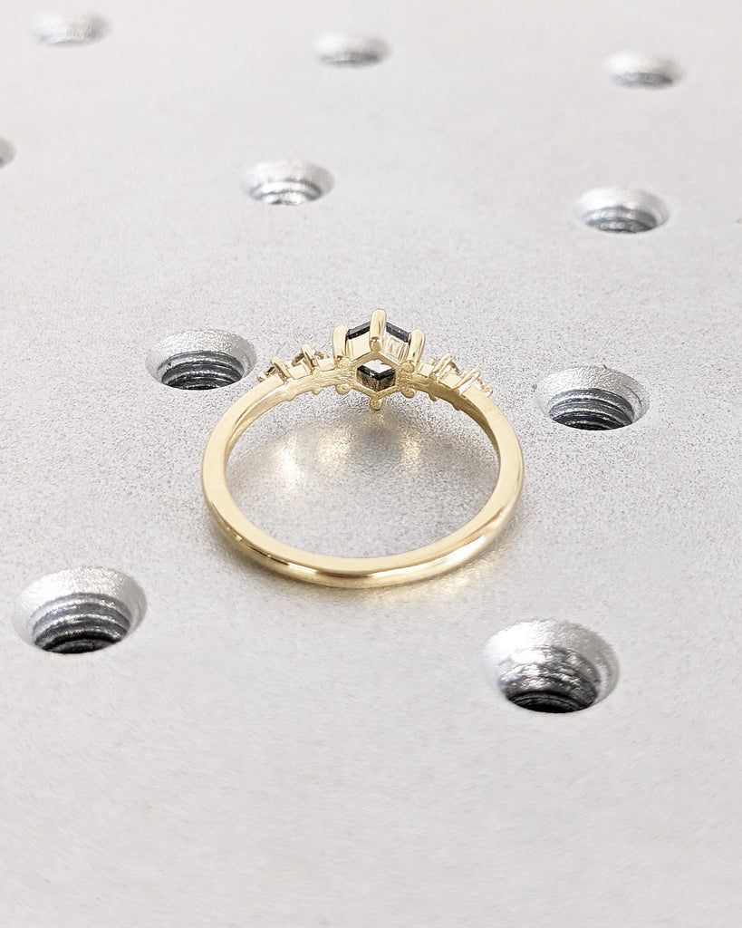 14k 18k Gold Rings for Women | Unique Natural Grey Diamond Thin Engagement Ring | Salt and Pepper Galaxy Diamond Ring | Hexagon cut Ring