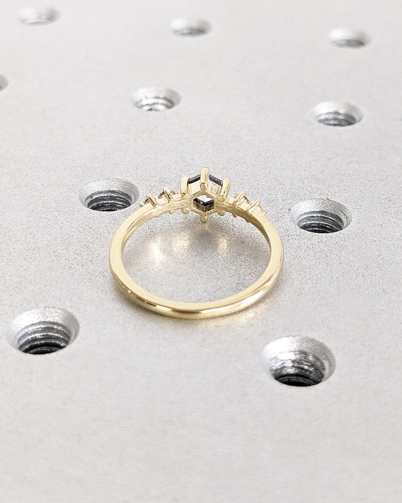Hexagon cut Black Diamond Engagement Ring | Salt and Pepper Diamond Wedding Anniversary Ring Gift for Wife | Yellow Gold Ring | Dainty Rings