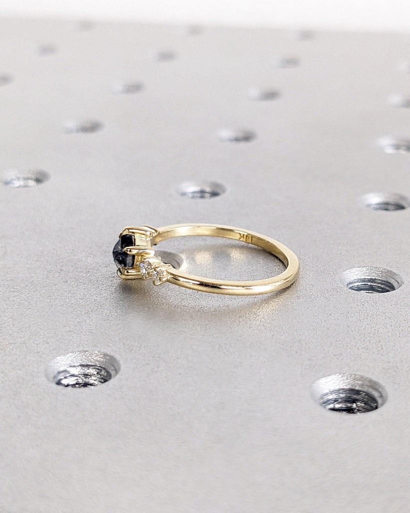 Hexagon cut Black Diamond Engagement Ring | Salt and Pepper Diamond Wedding Anniversary Ring Gift for Wife | Yellow Gold Ring | Dainty Rings