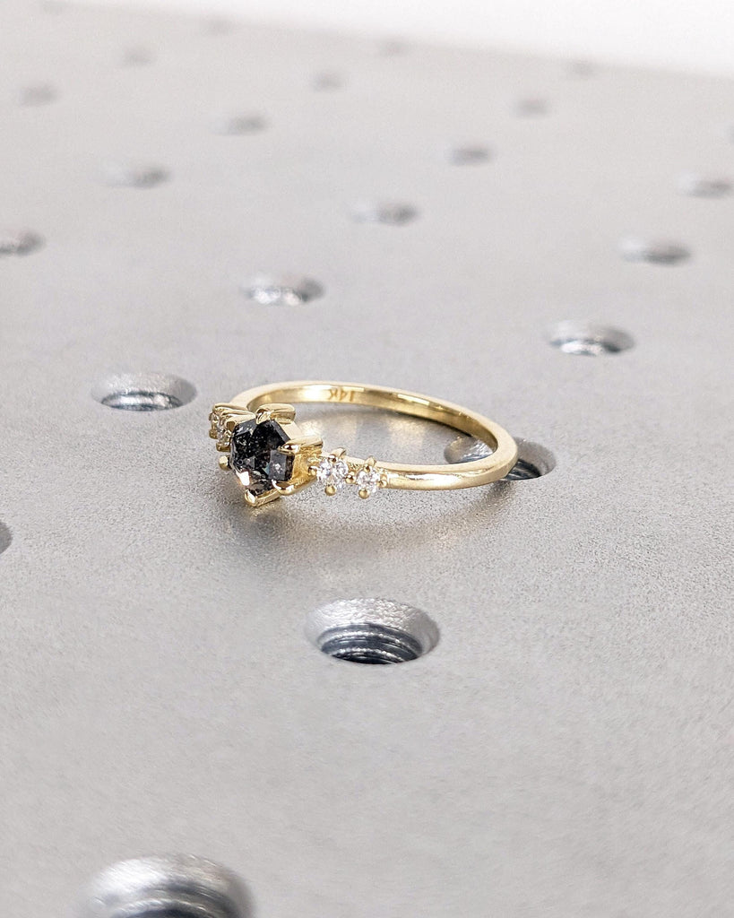 Hexagon cut Black Diamond Engagement Ring | Salt and Pepper Diamond Wedding Anniversary Ring Gift for Wife | Yellow Gold Ring | Dainty Rings