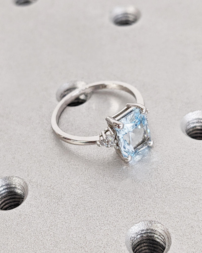 Vintage Blue Lab Aquamarine Engagement Ring Radiant Cut | Antique Rose Gold Diamond Cluster Wedding Ring | March Birthstone Anniversary Ring