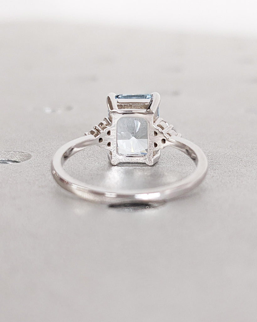 Vintage Blue Lab Aquamarine Engagement Ring Radiant Cut | Antique Rose Gold Diamond Cluster Wedding Ring | March Birthstone Anniversary Ring