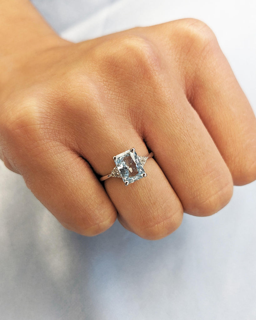Vintage Blue Lab Aquamarine Engagement Ring Radiant Cut | Antique Rose Gold Diamond Cluster Wedding Ring | March Birthstone Anniversary Ring