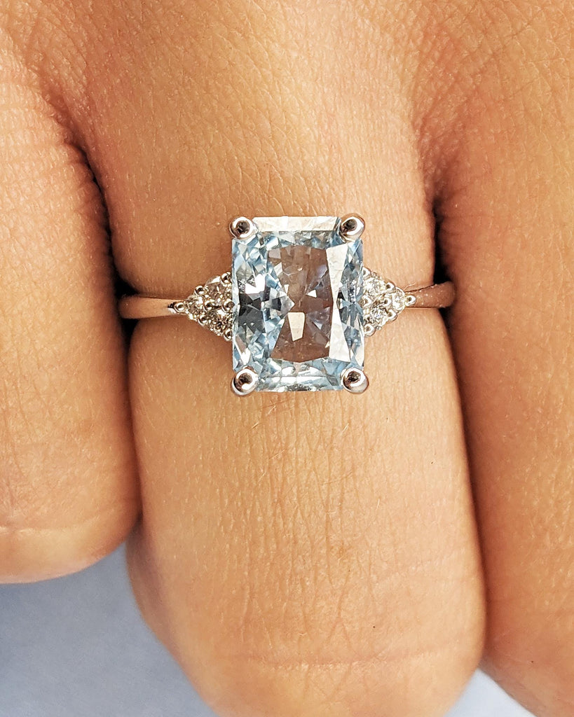 Vintage Blue Lab Aquamarine Engagement Ring Radiant Cut | Antique Rose Gold Diamond Cluster Wedding Ring | March Birthstone Anniversary Ring