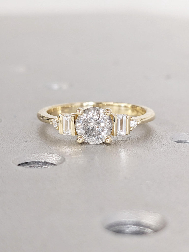 Unique Natural Grey Diamond Engagement Ring | Round cut Salt and Pepper Diamond Promise Ring | Baguette Ring | 14k Thin Gold Rings for Women