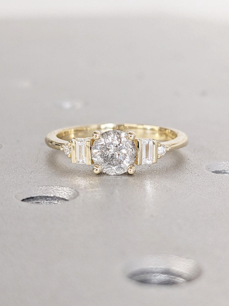 Unique Natural Grey Diamond Engagement Ring | Round cut Salt and Pepper Diamond Promise Ring | Baguette Ring | 14k Thin Gold Rings for Women