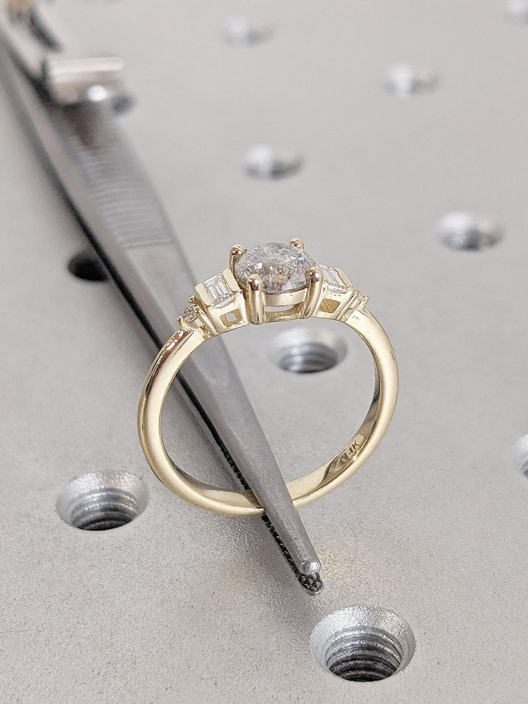 Unique Natural Grey Diamond Engagement Ring | Round cut Salt and Pepper Diamond Promise Ring | Baguette Ring | 14k Thin Gold Rings for Women