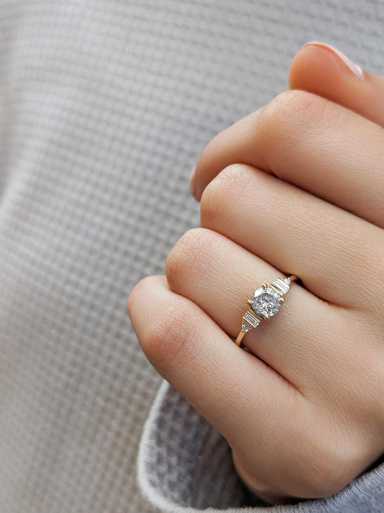 Five Stone Engagement Ring Round Salt and Pepper Diamond, Solitaire Round & Baguette Art Deco Bridal Ring, 5 Stone Wedding Ring, Yellow Gold