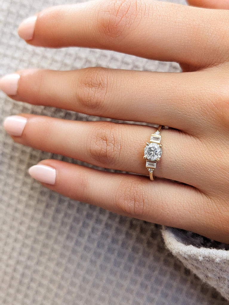 Unique Natural Grey Diamond Engagement Ring | Round cut Salt and Pepper Diamond Promise Ring | Baguette Ring | 14k Thin Gold Rings for Women