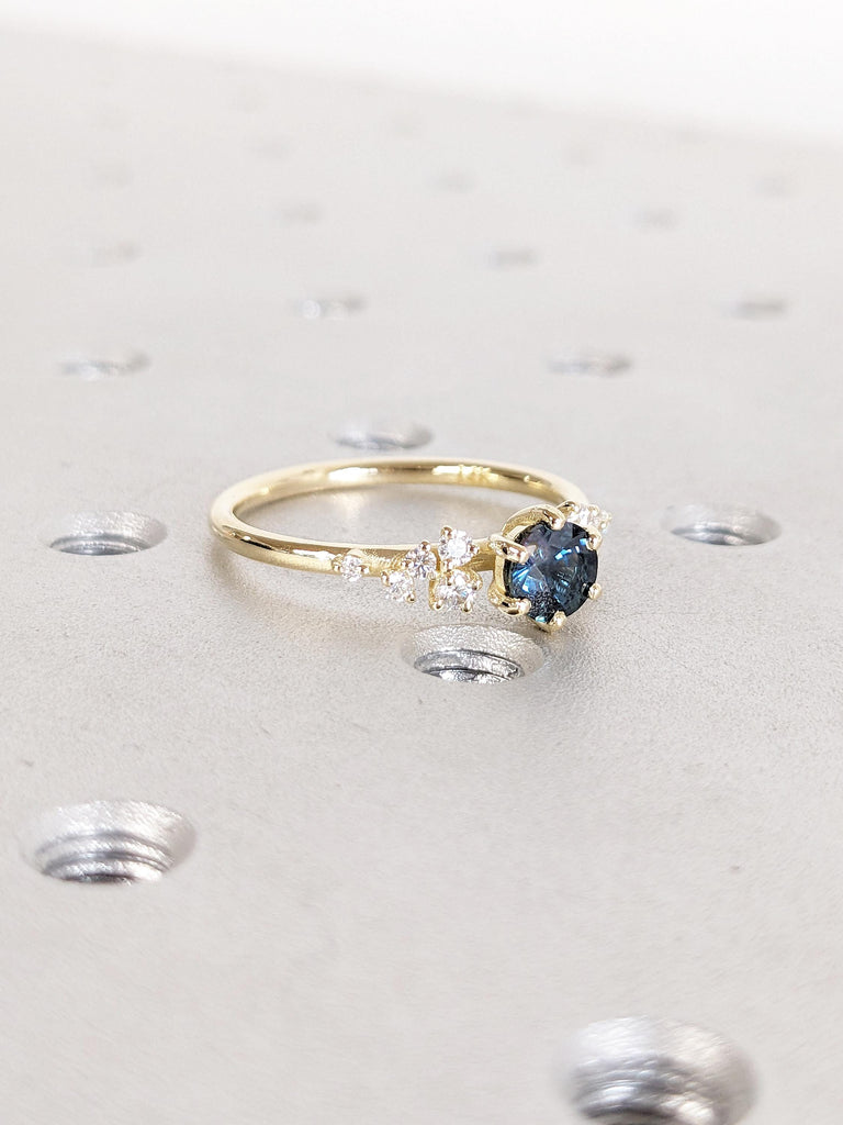 Vintage Round Cut Teal Sapphire Ring, 14K Yellow Gold Snowdrift Diamond Cluster Ring, Blue Green Sapphire Anniversary Rings, Gift for Wife