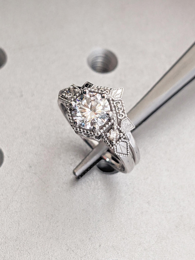 Milgrain 14K White Gold Ring, Lab Grown Diamond Ring, V Shaped Stacking Ring, Unique Bridal Ring Set, Vintage Statement Ring, Bridal Gift
