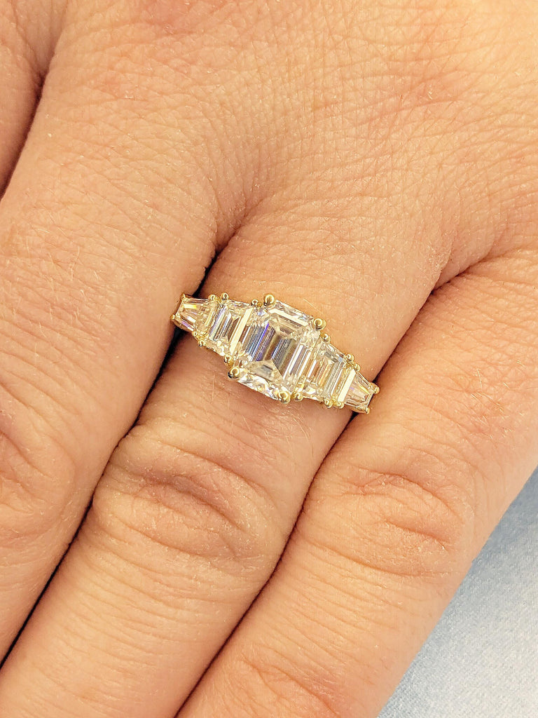 14k Gold Engagement Ring, Lab Grown Diamond Ring, Diamond Baguette and Emerald Cut Ring, Art Deco Lab Diamond Ring, Vintage Anniversary Ring
