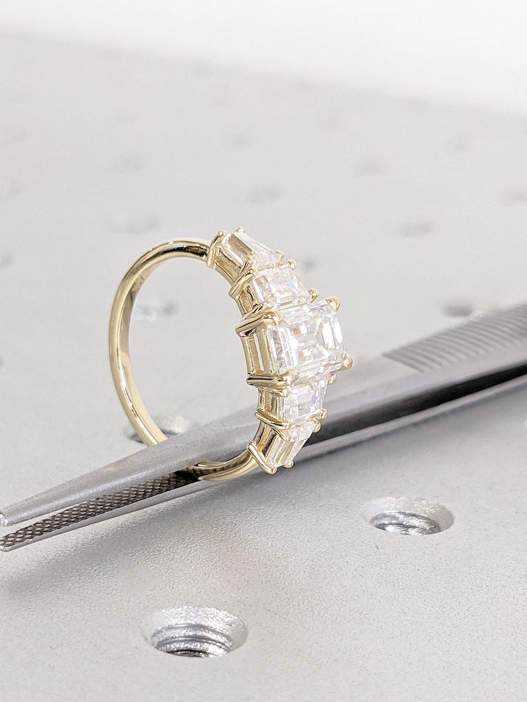 14k Gold Engagement Ring, Lab Grown Diamond Ring, Diamond Baguette and Emerald Cut Ring, Art Deco Lab Diamond Ring, Vintage Anniversary Ring