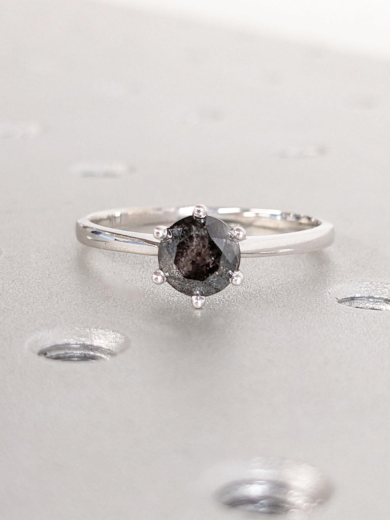 1.25ct Natural Black Diamond Solitaire Engagement Ring | Round cut Salt and Pepper Galaxy Diamond | 14k White Gold Rings for Women