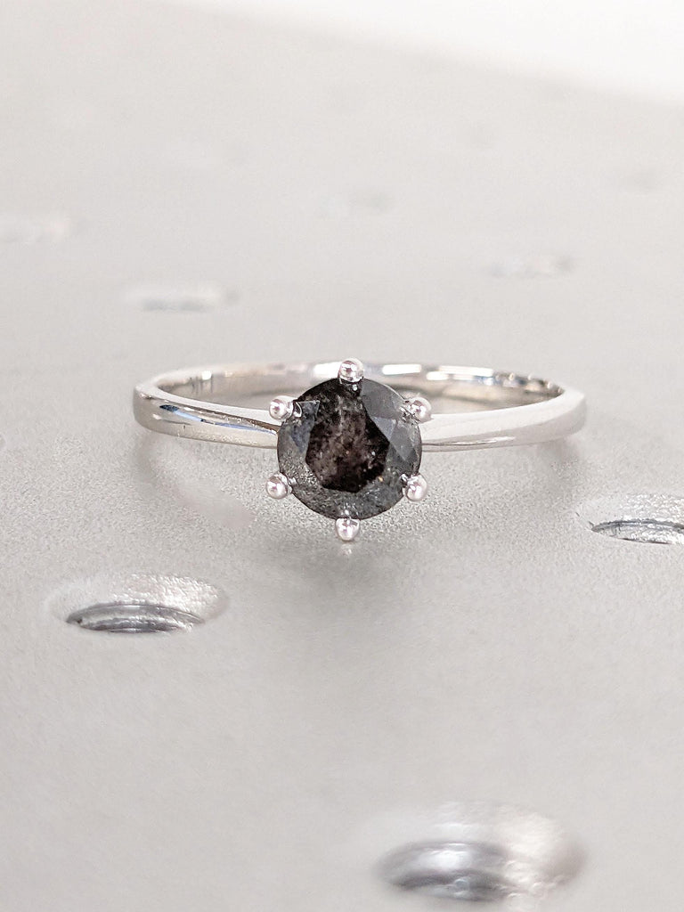 1.25ct Natural Black Diamond Solitaire Engagement Ring | Round cut Salt and Pepper Galaxy Diamond | 14k White Gold Rings for Women