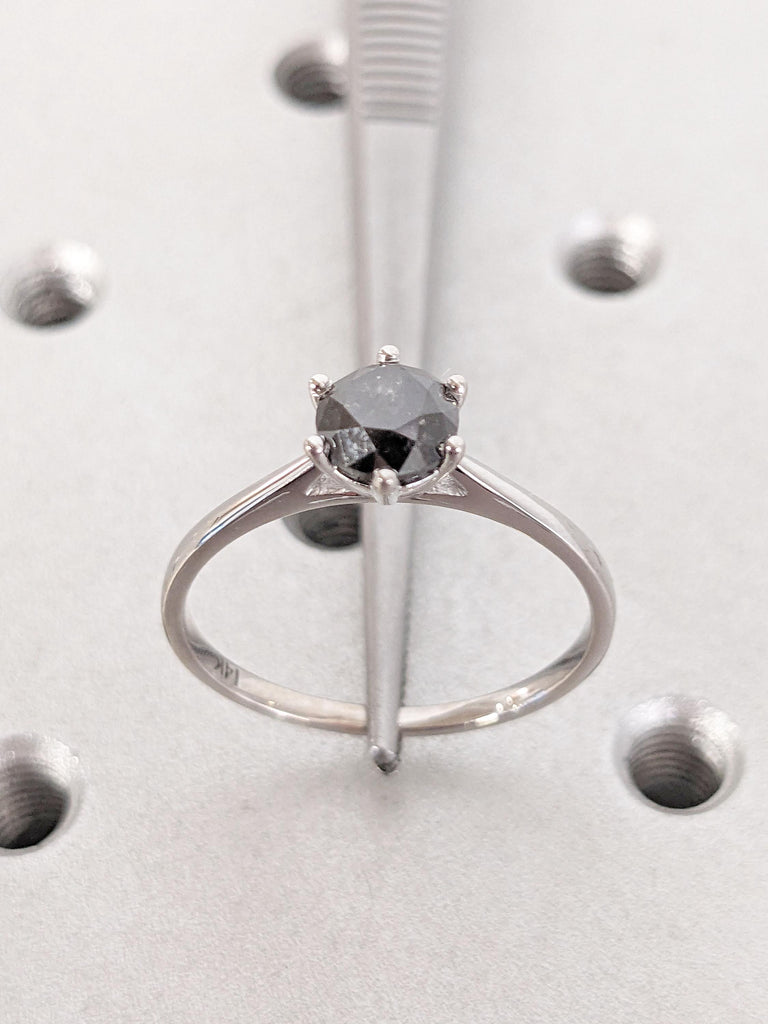 Natural Black Diamond Solitaire Engagement Ring | Round cut Salt and Pepper Galaxy Diamond | 14k White Gold Rings for Women | Promise Ring