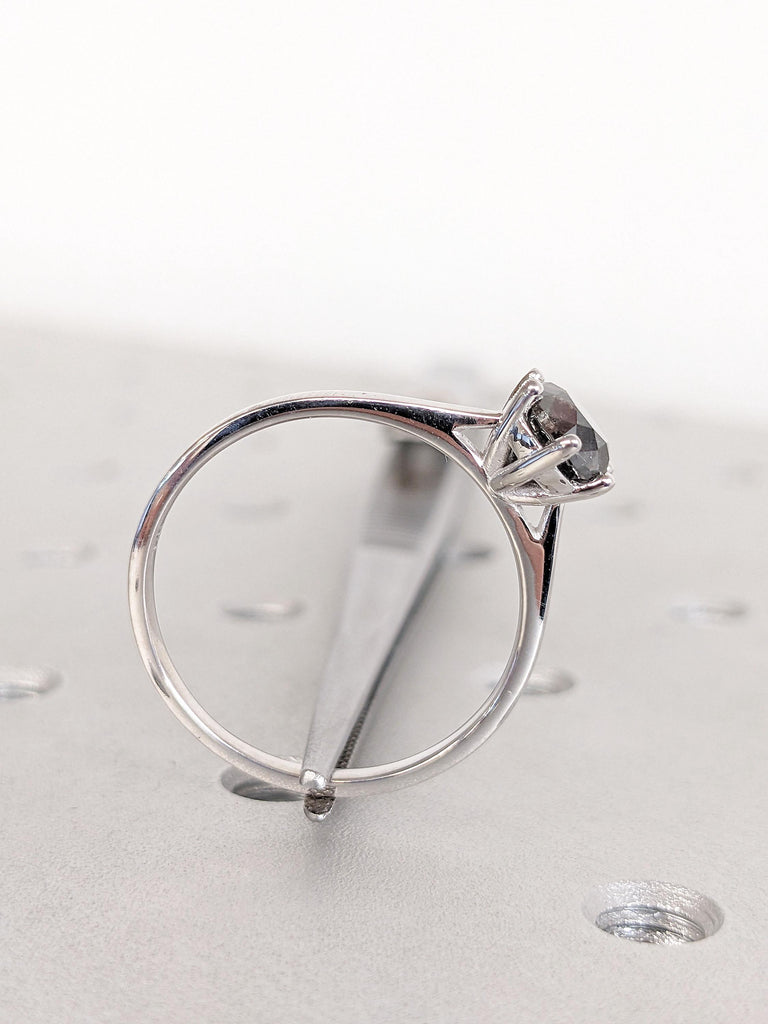 Natural Black Diamond Solitaire Engagement Ring | Round cut Salt and Pepper Galaxy Diamond | 14k White Gold Rings for Women | Promise Ring
