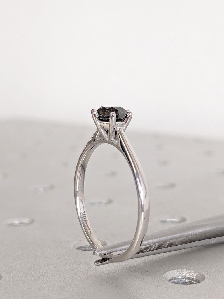 Cathedral Solitaire Ring | Solitaire Engagement Ring | 14k Gold Engagement Ring | Salt and Pepper Black Diamond Ring