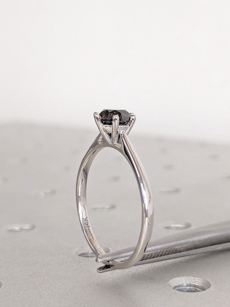 Cathedral Solitaire Ring | Solitaire Engagement Ring | 14k Gold Engagement Ring | Salt and Pepper Black Diamond Ring
