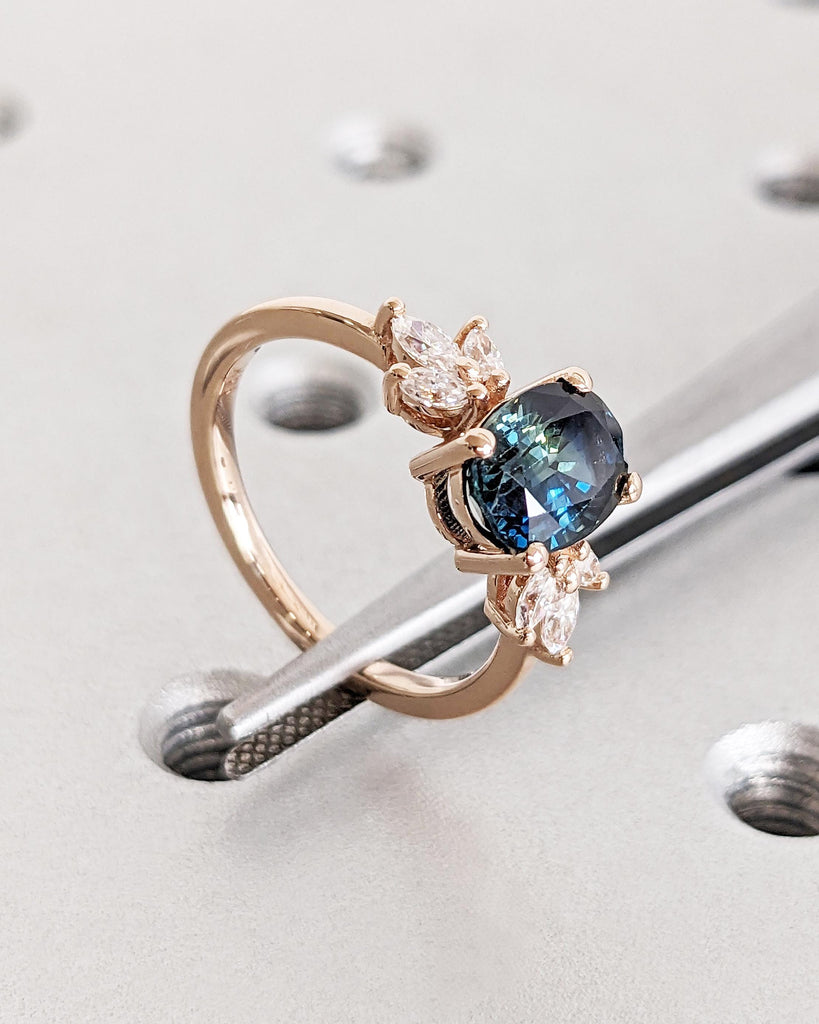 Unique 1.5ct Natural Blue Green Sapphire and Diamond Engagement Ring | Oval Sapphire September Birthstone | 14k 18k Gold Rings for Women