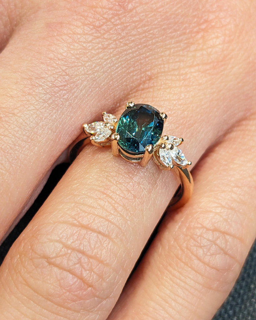 Greenish Sapphire Anniversary Ring | Floral Engagement 14k Rose Gold | Promise Ring | Marquise Diamond Cluster Ring | Teal Sapphire Ring