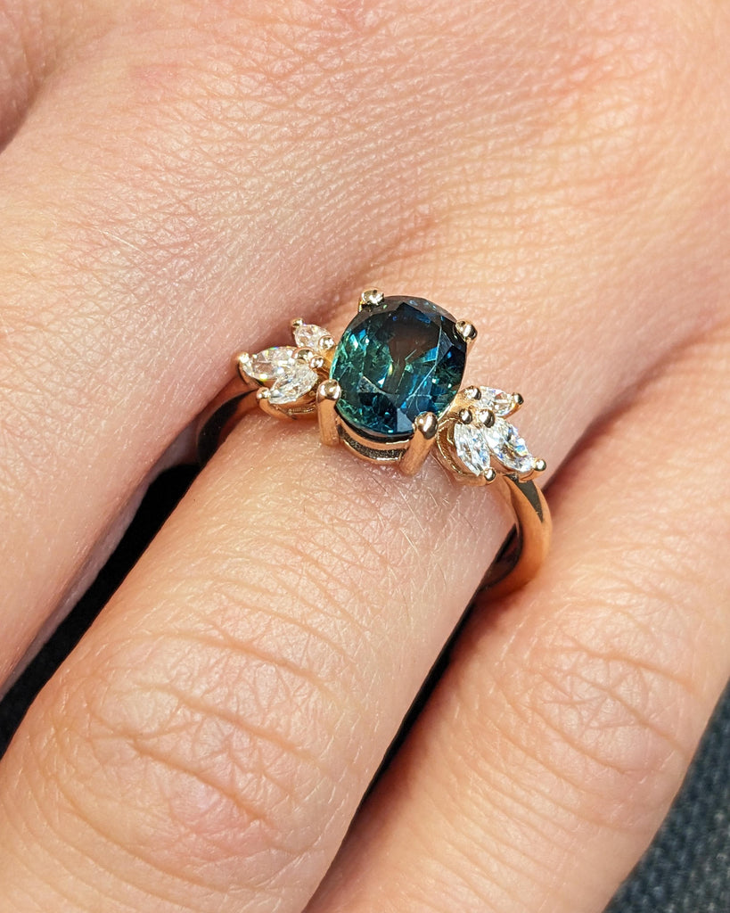 Unique 1.5ct Natural Blue Green Sapphire and Diamond Engagement Ring | Oval Sapphire September Birthstone | 14k 18k Gold Rings for Women