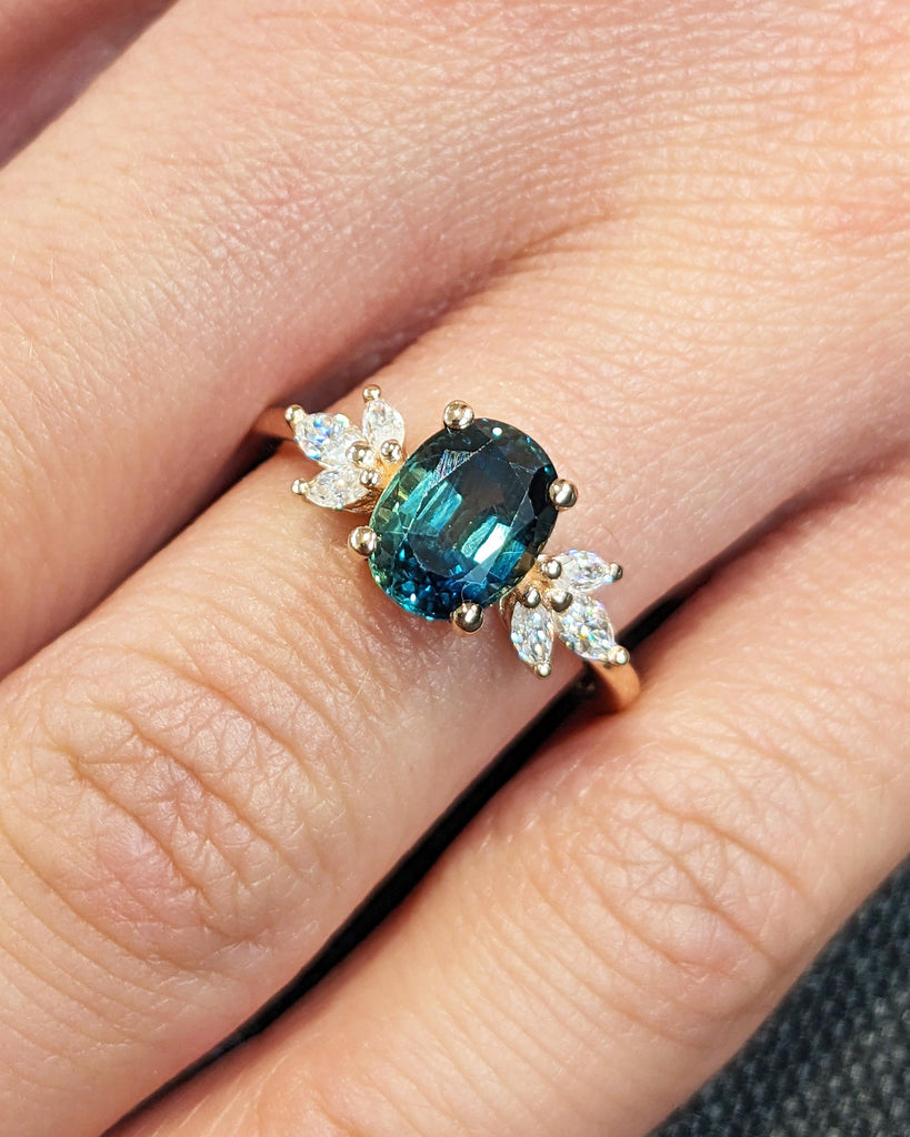 Oval cut Greenish Sapphire Ring | Floral Engagement Ring | 14k Rose Gold Promise Ring | Diamond Cluster