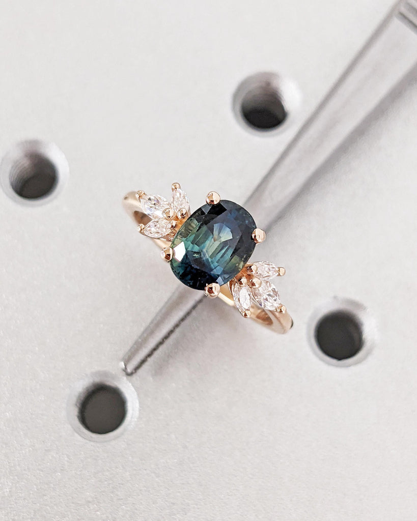 Greenish Sapphire Anniversary Ring | Floral Engagement 14k Rose Gold | Promise Ring | Marquise Diamond Cluster Ring | Teal Sapphire Ring