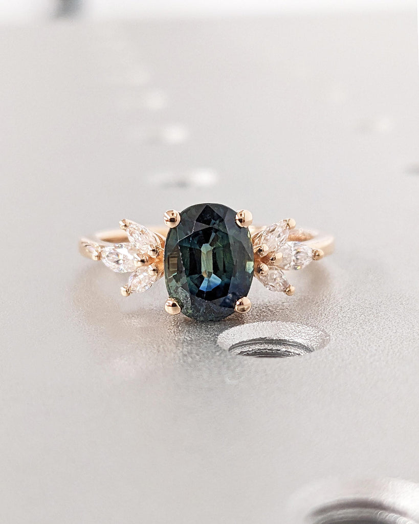 Greenish Sapphire Anniversary Ring | Floral Engagement 14k Rose Gold | Promise Ring | Marquise Diamond Cluster Ring | Teal Sapphire Ring
