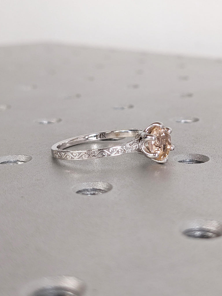 Round Lab Morganite Ring, Filigree 14k White Gold Engagement Rings for Women, Solitaire Peach Morganite Promise Ring for Her, Gift for Wife