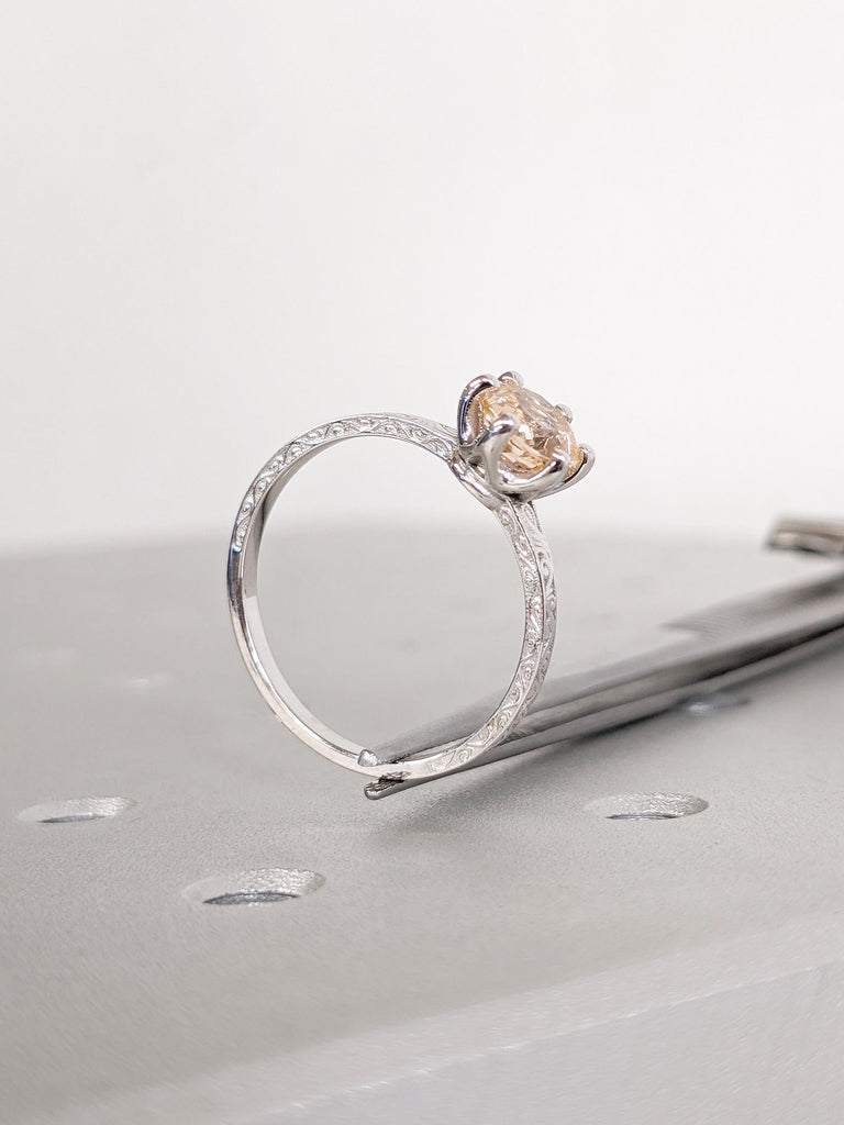 Unique 14k White Gold Wedding Ring, Round Cut Lab Morganite Ring, Filigree Peach Morganite Ring, Solitaire Anniversary Ring, Gift for Women