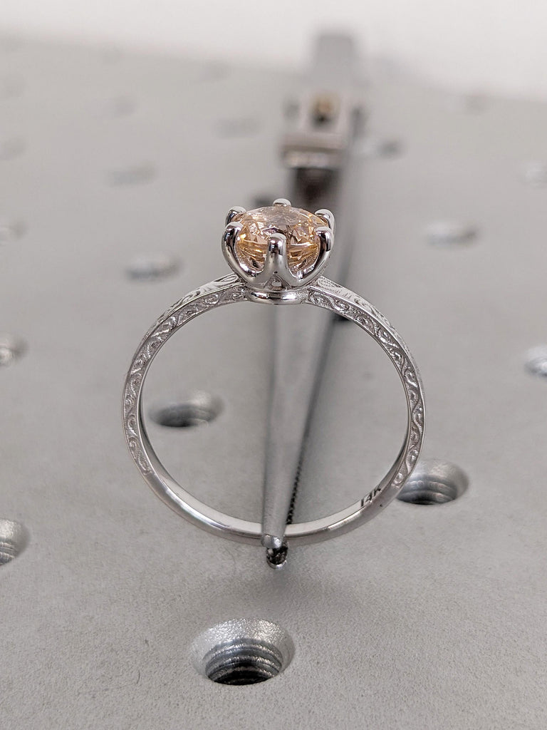 Round Lab Morganite Ring, Filigree 14k White Gold Engagement Rings for Women, Solitaire Peach Morganite Promise Ring for Her, Gift for Wife