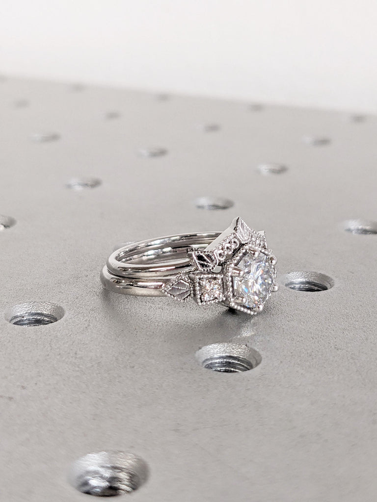Unique Lab Grown Diamond Promise Ring Set | 14K White Gold Women Wedding Band Set | Art Deco Diamond Ring | Vintage Milgrain Stackable Ring