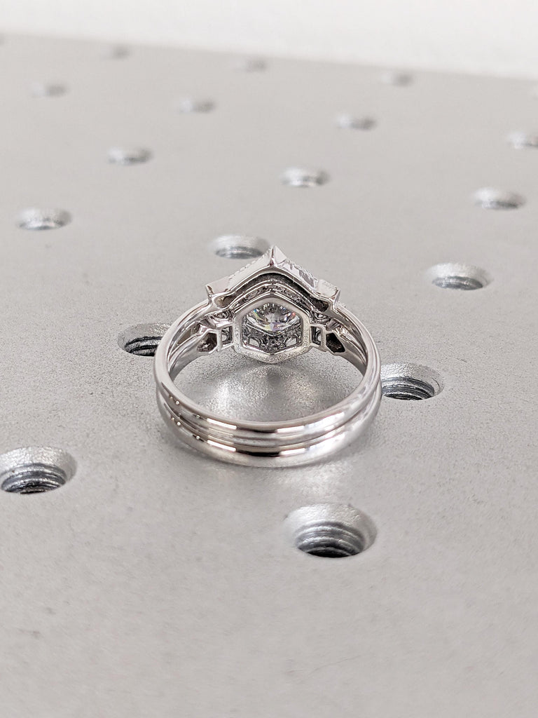 Unique Lab Grown Diamond Promise Ring Set | 14K White Gold Women Wedding Band Set | Art Deco Diamond Ring | Vintage Milgrain Stackable Ring