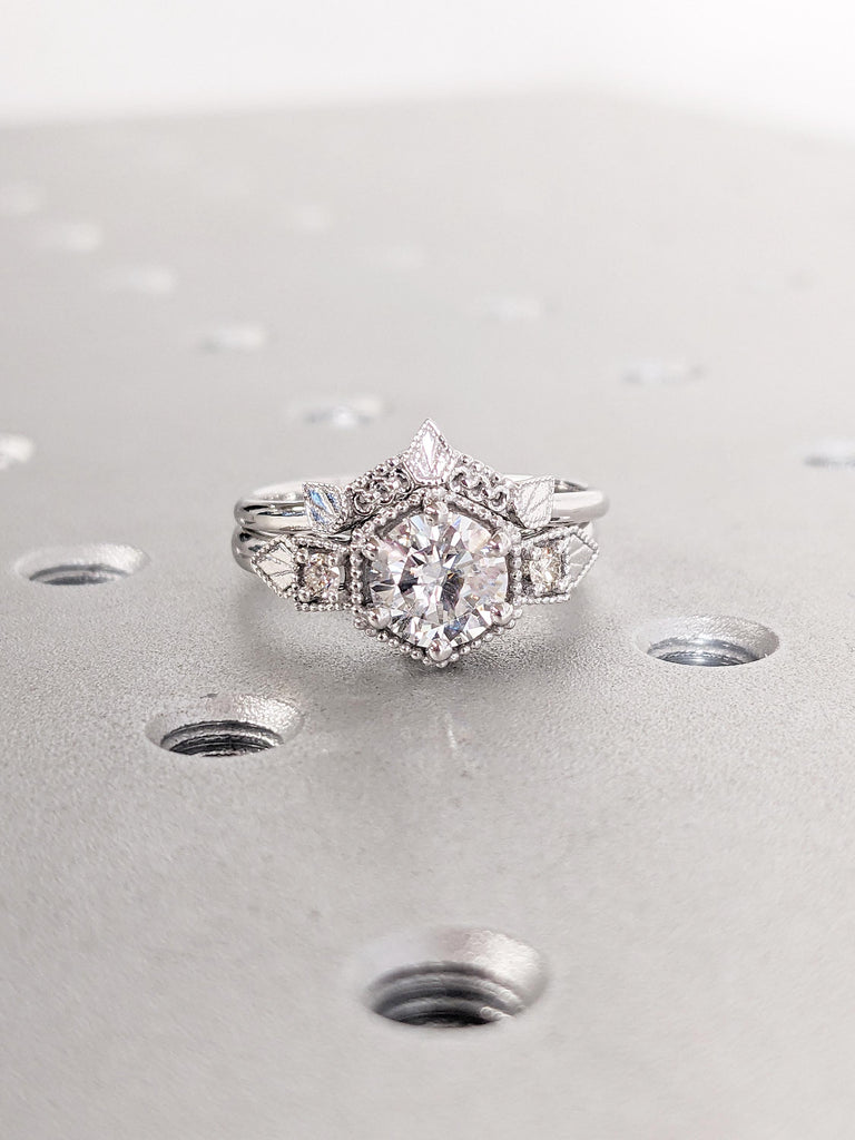 Unique Lab Grown Diamond Promise Ring Set | 14K White Gold Women Wedding Band Set | Art Deco Diamond Ring | Vintage Milgrain Stackable Ring