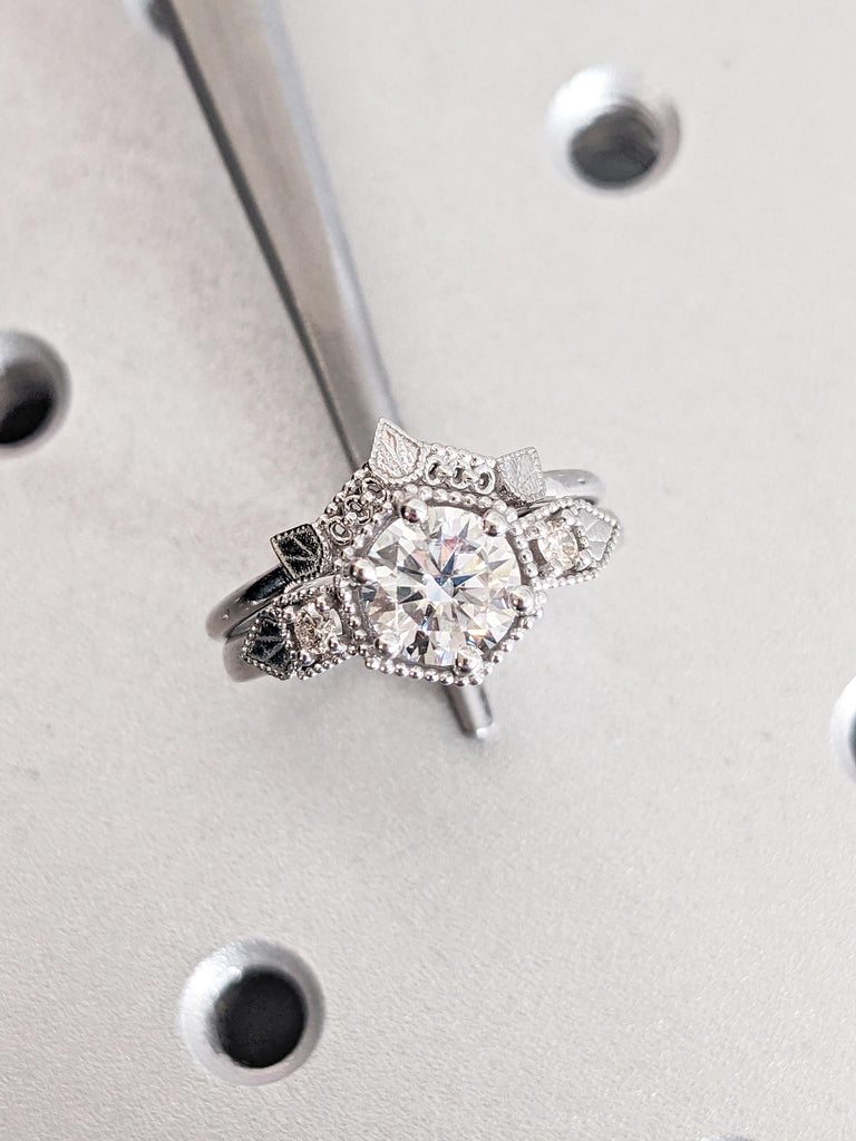 Unique Lab Grown Diamond Promise Ring Set | 14K White Gold Women Wedding Band Set | Art Deco Diamond Ring | Vintage Milgrain Stackable Ring