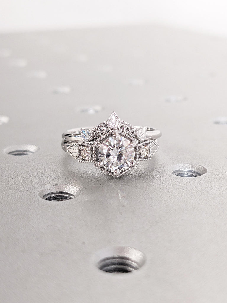 14K White Gold Bridal Sets, Milgrain Moissanite Diamond Wedding Ring, Vintage Anniversary Ring, Art Deco Statement Ring, Bridal Gift for Her