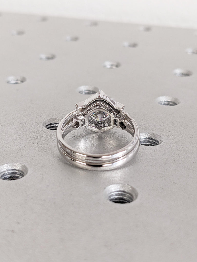 Unique Moissanite Promise Ring Set, 14K White Gold Stacking Ring, Art Deco Moissanite Ring Set, Vintage Milgrain Statement Ring, Bridal Gift