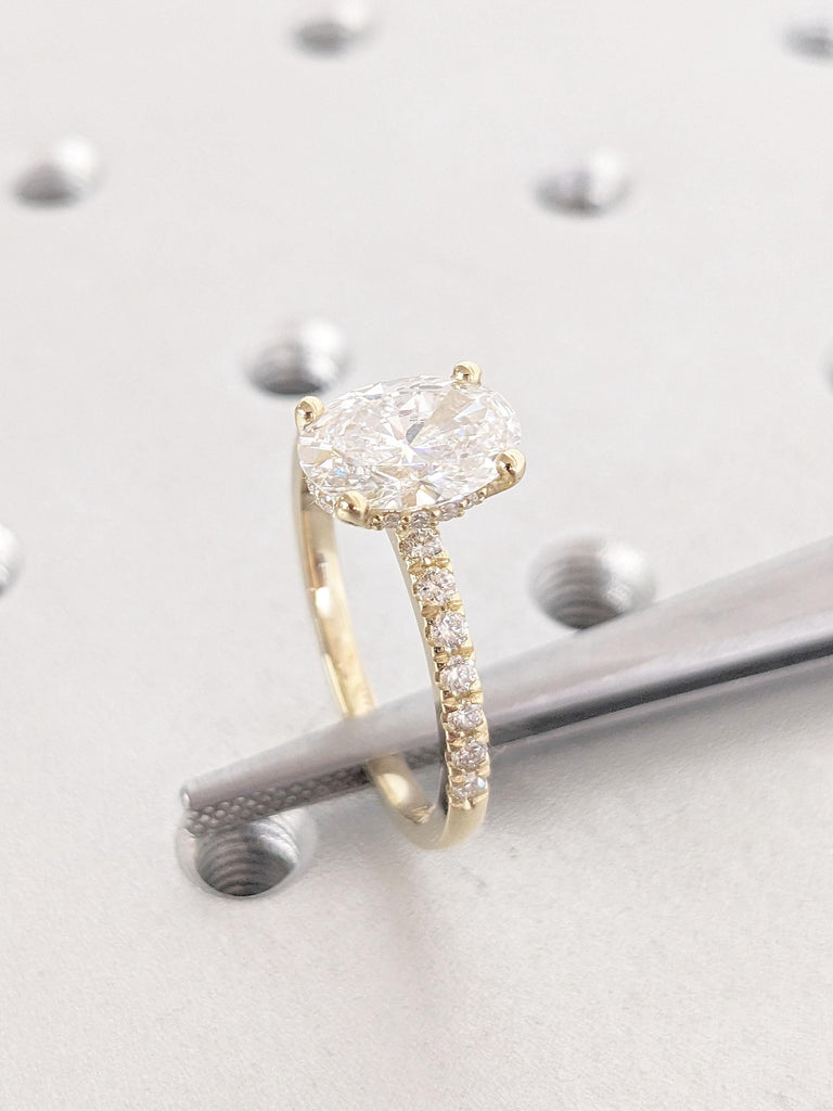 Moissanite Hidden Halo Engagement Ring | 14k Yellow Gold Rings for Women